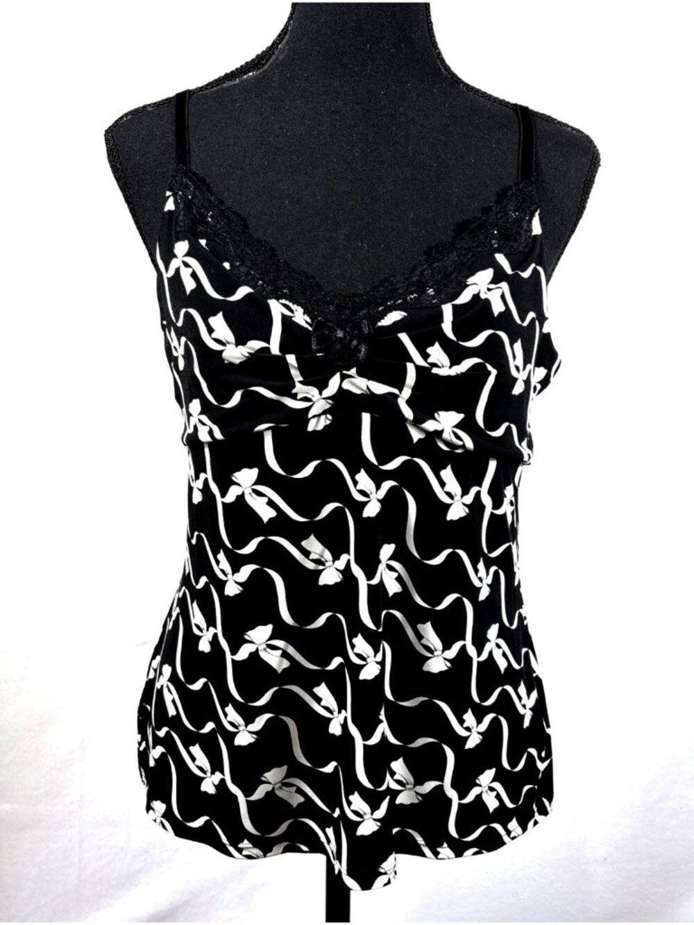 White House Black Market Sz L Tank Cami Black Ribbons Lace Dainty Y2K Babydoll